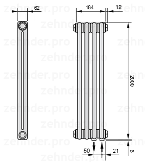 Схема (чертеж) Радиатор Zehnder Charleston 2200/4 №5510 Белый глянцевый RAL 9016